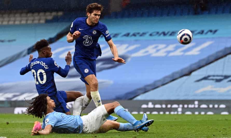 Marcos Alonso scores the late winner for Chelsea at the Etihad Stadium in early May, one of three defeats in six weeks for City at the hands of Thomas Tuchel’s side.