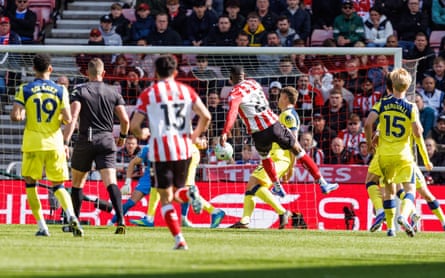 Nordi Mukiele shoots toward the centre of the goal at the Stadium of Light