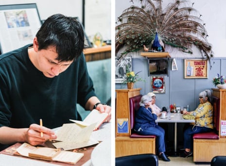 Two photos – left: a man sits at a table with a pencil in hand looking at pages; right: three women sit at a booth with a big peacock figurine above them