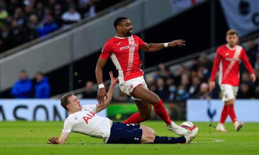 Oliver Skipp makes a challenge during Tottenham’s nervy third-round win over Morecambe.