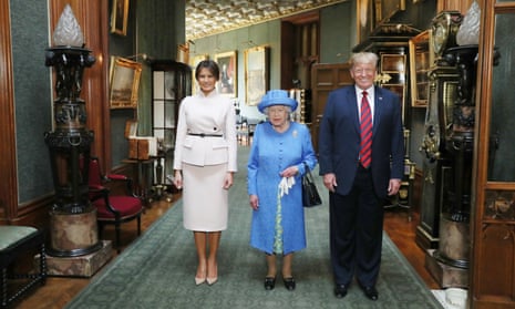 Queen Elizabeth II stands with Donald Trump and his wife, Melania, inside Windsor Castle.