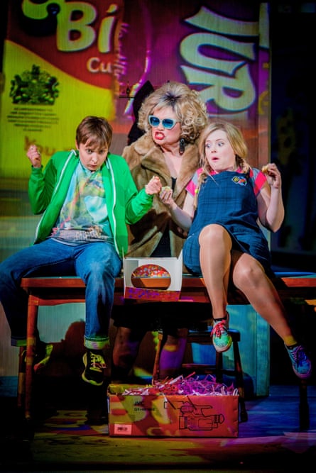Katie Bray, left, and Fflur Wyn with Susan Bullock as the Witch in Hansel and Gretel