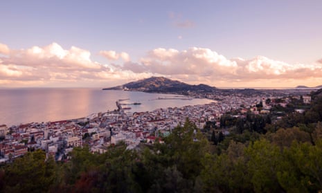 A view over a town and the sea from a hilltop on Zakynthos island