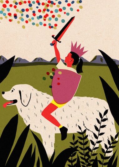 Illustration of a girl riding a dog with a sword raised above her head cutting through coloured dots