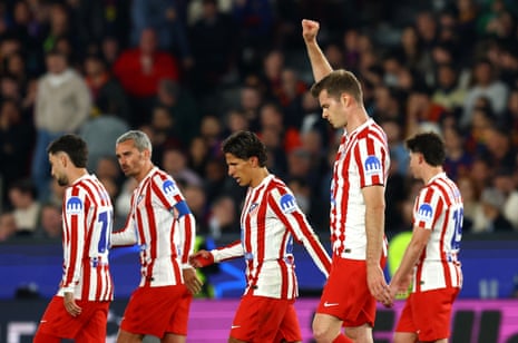 Atletico Madrid's Alexander Sorloth celebrates scoring their second goal with teammates.