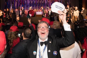 The ballroom at the New York Hilton erupted into chants and cheers as people realised Trump was heading to victory