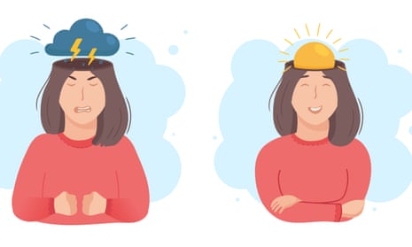 Illustration of a woman's head in a bad mood and a good mood with clouds and sun in place of brain