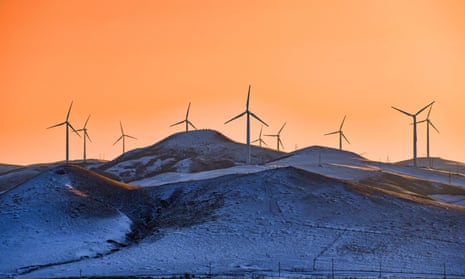 Wind turbines on a snowfield in Tongliao, Inner Mongolia.