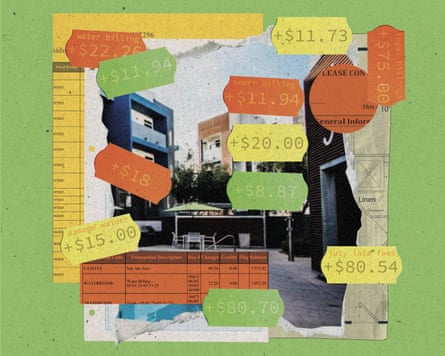 Apartments with fee stickers overlaid.