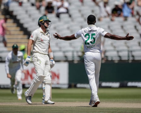 Kagiso Rabada celebrates dismissing Pat Cummins