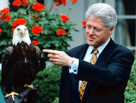 President Clinton meets Challenger, a 10-year-old male bald eagle in the Rose Garden of the White House before an event celebrating the success of the Endangered Species Act by announcing action to remove the American bald eagle from the endangered species list, on 2 July 1999. President Clinton meets Challenger, a 10-year-old male bald eagle in the Rose Garden of the White House before an event celebrating the success of the Endangered Species Act by announcing action to remove the American bald eagle from the endangered species list, on 2 July 1999.
