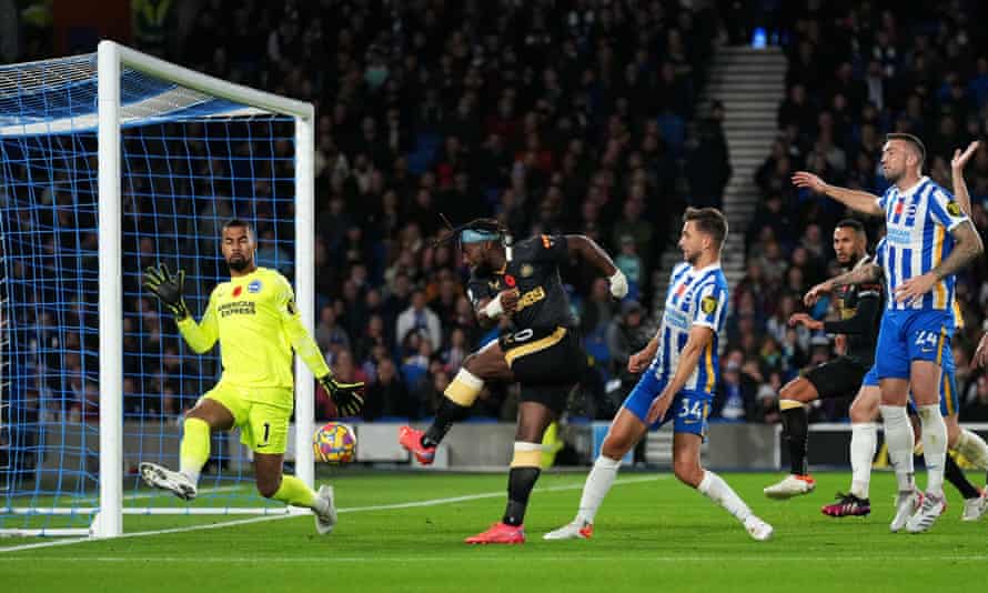 Allan Saint-Maximin of Newcastle United has a shot at goal but it is called offside.