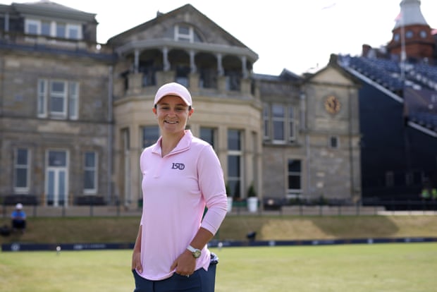 Ash Barty poses for a photo during a practice lap ahead of the 150th Open at St Andrews Old Course.