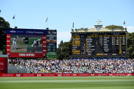 The big screeen shows the DRS review after an appeal for Jamie Smith of England’s wicket is sent to the 3rd umpire during day two of the Third Test