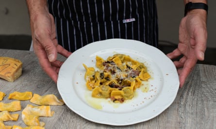 Chef Samuel Perico, of the Trattoria Sant’Ambroeus in Bergamo’s upper city, shows off a typical pasta dish, I Casoncelli.