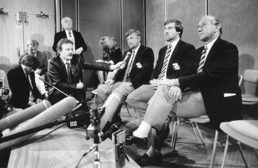Micky Stewart accompanies England players Peter Lush and Mike Gatting in 1987.