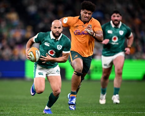 Jamison Gibson-Park makes a break to score a try for Ireland
