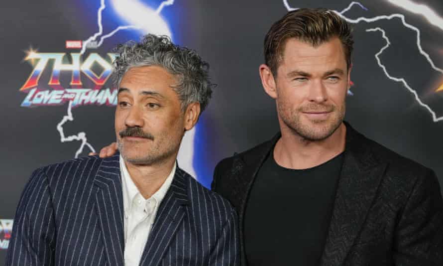 Taika Waititi and Chris Hemsworth on the red carpet in Sydney for the premiere of Thor: Love and Thunder on 27 June.