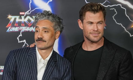 Taika Waititi and Chris Hemsworth on the red carpet in Sydney for the premiere of Thor: Love and Thunder on 27 June.