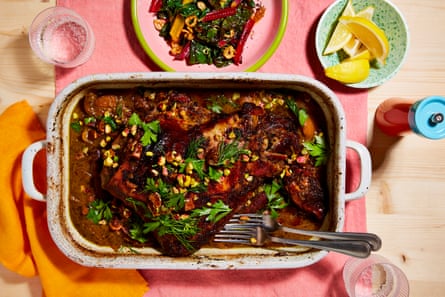 Slow-cooked lamb shoulder with fig and pistachio salsa
