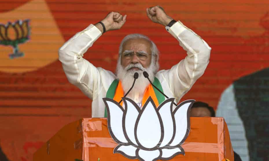 India’s prime minister, Narendra Modi, addresses a public rally in Kolkata, India, ahead of state elections.
