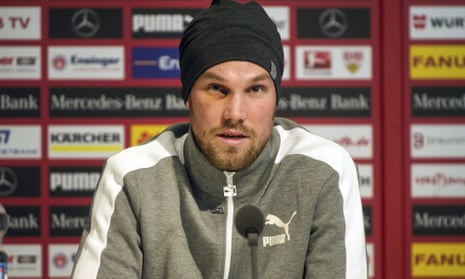 Kevin Grosskreutz at a press conference where his departure from VfB Stuttgart was confirmed.