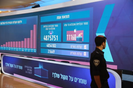 An employee of the Israel central elections committee stands near a large screen that shows live results at the counting headquarters in the Knesset.
