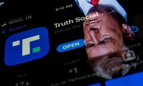 Image of Donald Trump overlaid on Truth Social in the app store on a phone.