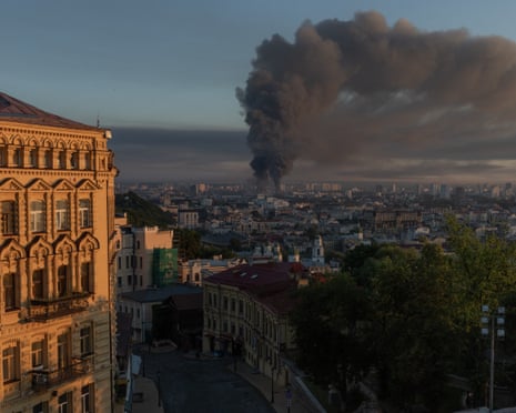 Smoke rises over the city following a Russian air attack on Kyiv.
