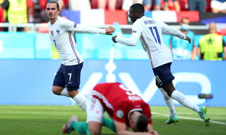 Antoine Griezmann celebrates with Ousmane Dembele after scoring against Hungary