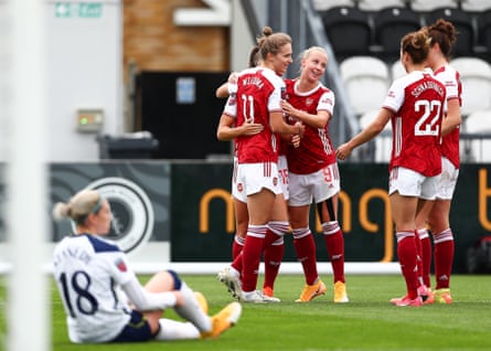 Vivianne Miedema celebrates scoring her second and Arsenal’s fourth goal in the thumping win over Tottenham last month.