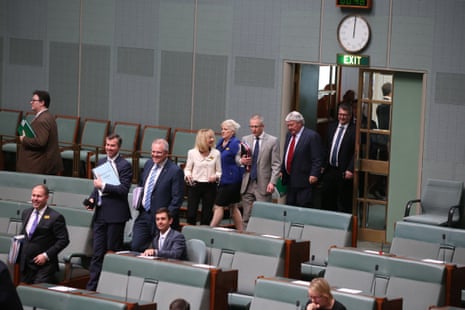 The government arrives for question time in the house of representatives in parliament house, Canberra this afternoon after a special pre QT meeting