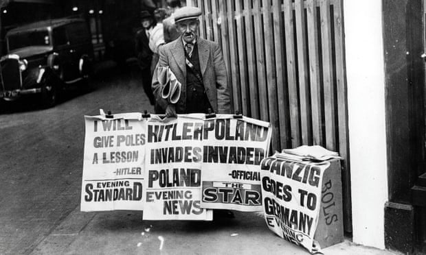 Newspaper headlines on 1 September 1939; the United Kingdom declared war on Germany two days later. 