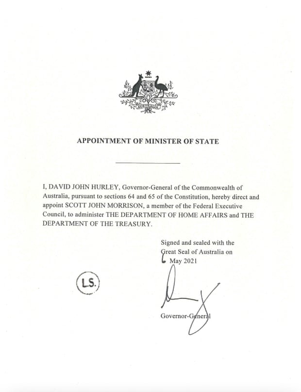 The official document showing former prime minister Scott Morrison was appointed to administer the departments of Home Affairs and Treasury