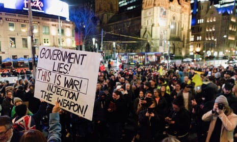 The anti-lockdown protest in Melbourne, where police arrested 15 people. Victoria has entered its sixth Covid lockdown.