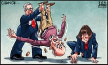 Illustration by Ben Jennings shows Keir Starmer holding an elderly man upside down by the ankles. The man's coins fall from his pockets – and they are swiftly collected by Rachel Reeves