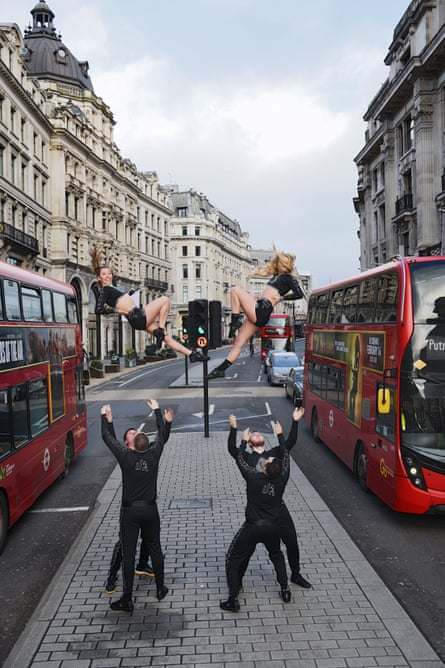 Members of the Unity Allstars Black cheerleading team performing on Regent Street, central London
