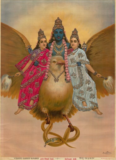 Karla-Lonavala, India, Ravi Varma Press ‘Vishnu-Garud Wahan’ c1894–1930, oleograph with fabric and zardozi embroidery, 71.1 × 50.8 cm, Queensland Art Gallery | Gallery of Modern Art, Brisbane, purchased 2024 with funds from the Henry and Amanda Bartlett Trust through the Queensland Art Gallery | Gallery of Modern Art Foundation.