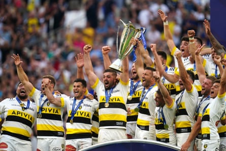 La Rochelle’s Grégory Alldritt lifts the trophy with his teammates after the Champions Cup final victory over Leinster at the Stade Vélodrome in Marseille last year