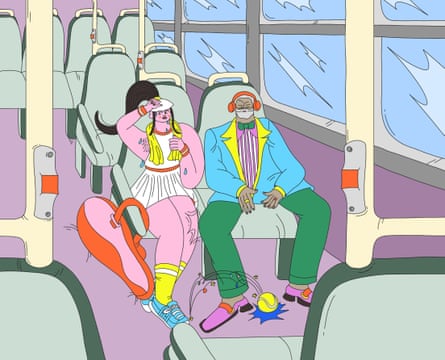 An illustration showin a man manspreading on a bus next to a woman.