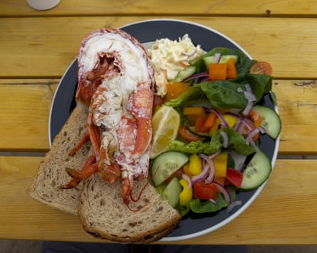 Plate of food... bread, salad and lobster