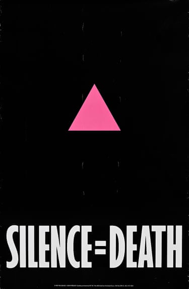 Pink triangle on black background with text reading 'Silence = Death'.