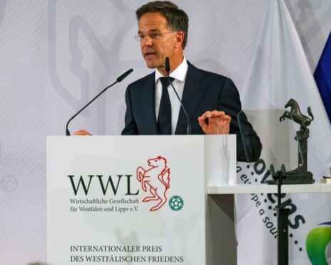 Nato Secretary-General Mark Rutte delivers a speech during the award ceremony of the 2026 International Westphalian Peace Prize, in Münster, Germany.