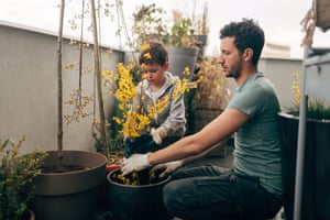 Gardening time with my daddyYoung man and his son taking care of their plants on the balcony of loft apartment