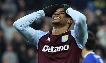 Marcus Rashford cannot believe it after missing a clear chance at the far post from Leon Bailey’s cross.
