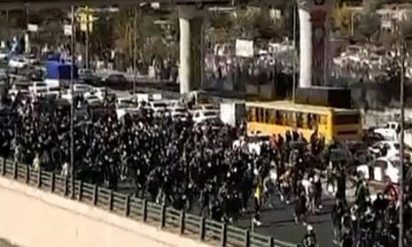 Protesters appear to be marching on a highway in Iran’s northern city of Karaj in a video posted on Thursday.
