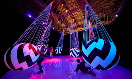 Black and white balls hung from the ceiling