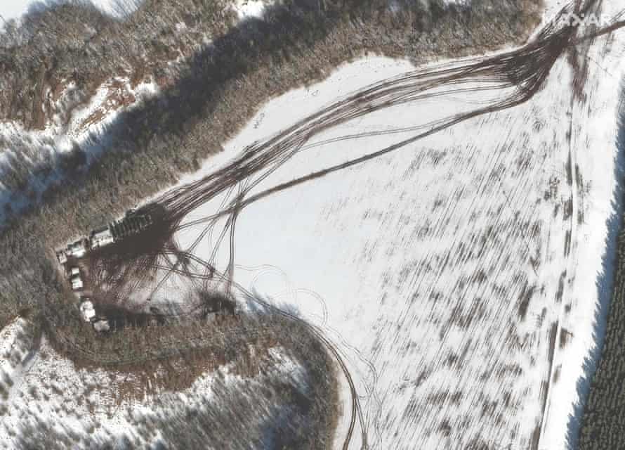 Maxar satellite image taken and released on February 20, 2022 shows deployment along the treeline near Belgorod, Russia.