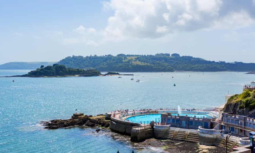 The 1930s Tinside Lido by the Hoe, with Drake Island in the distance.