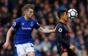 Arsenal’s Alexis Sanchez connects with the ball ahead of Everton’s Jonjoe Kenny as The Gunners win 5-2 at Goodison Park.